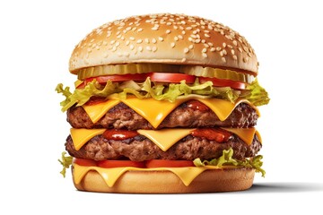 Wall Mural - Grilled Hamburger on White Background. Isolated Beef Burger Meal Fast Food. Generative AI illustrations.