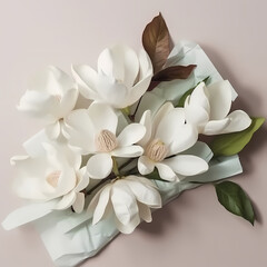 Wall Mural - White Magnolia Bouquet Flat Lay Top View Illustration