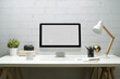 © Prathankarnpap - Creative workspace with blank computer desktop, lamp, camera and potted plat. Business presentation, banner website