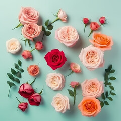 Wall Mural - Rose Flowers Composition On Pastel Color Background Illustration