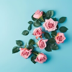 Wall Mural - Rose Flowers Composition On Blue Background Illustration