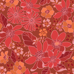 Wall Mural - Retro flowers in the style of the 70s. Shades of red, seamless pattern.