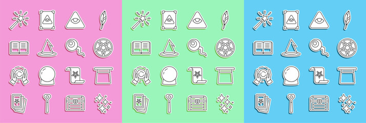 Set line Sparkle stars with magic, Magic hat, Pentagram in circle, Masons, Witch, Ancient book, wand and Eye icon. Vector