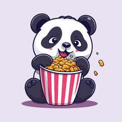 Panda Eat Pop Corn Cartoon Style Isolated Mascot Character Icon Vector Illustration