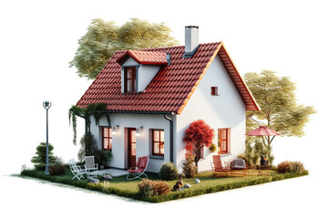 A small three dimensional house with red roof on a white background with 1 chimney in front of the house there is a small lawn and a few small trees on one side of the house there is a small terrace w
