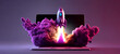 Rocket coming out of laptop screen, black purple background. Generative ai