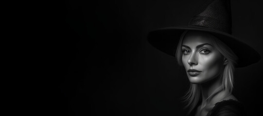 Black and white photorealistic studio portrait of a beautiful witch on black background. Generative AI illustration