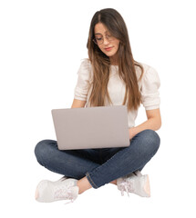 Woman sitting on ground with laptop. Female office worker. Full body length business woman using, typing, working on notebook. Isolated transparent, png, copy space. Online freelance copywriter.