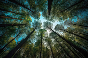 Clear blue sky and green trees seen from below. Carbon neutrality concept presented in a vertical format. Pictures for Earth Day or World Environment Day desktop backgrounds. Generative AI 