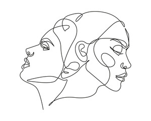 Continuous Line Drawing of Two Abstract Faces. Couple Minimalist Fashion Concept, Beauty Linear Drawing. Vector illustration for T-shirt, Slogan Design, Prints, Wall Aert, Graphics 