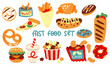 A set of fast food food, highlighted on a white background. Cartoon fast food, unhealthy burger sandwich, hamburger, pizza, snacks from the restaurant menu. Vector illustration in a simple style