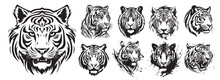 Tiger Heads Black And White Vector. Silhouette Svg Shapes Of Tigers Illustration.