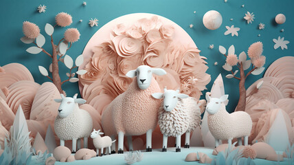 Wall Mural - moon with sheep on the blue soft, light pink and light brown. eid adha concept. children's book concept. generative ai.