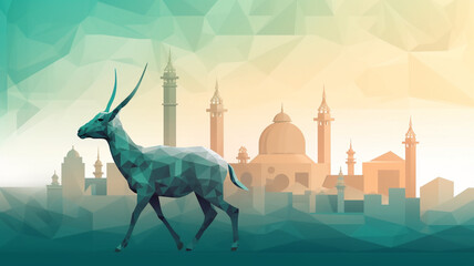 Wall Mural - eid al adha goat and mosque image with cityscape. copy space. generative ai