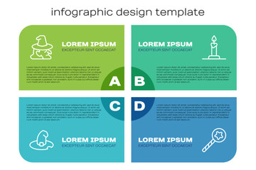 Wall Mural - Set line Witch hat, , Magic wand and Burning candle in candlestick. Business infographic template. Vector
