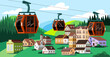 Cable cars, cabins on ropes of cableway. Nature landscape with funiculars, cablecars. Ropeway in town, country. Suspended transport at height, aerial tram for tourist, travel. Flat vector illustration