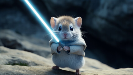  Hamsters with a saber-like sword. Cinematic fantasy. Hamster mimics a pop movie cultural reference with a modest robe. AI art.