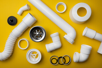 Wall Mural - plumbing pvc plastic drain parts on yellow background. top view