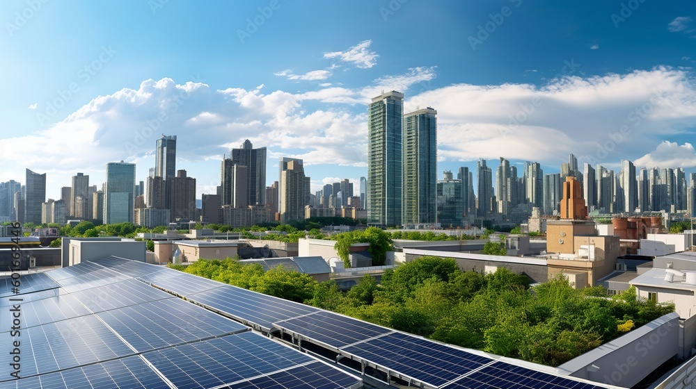 A sustainable cityscape with solar panels and green roofs under a clear ...