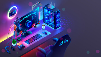 Fototapete - Gaming powerful computer or gamer rig with computer game on screen. Monitor on table in gamer room with neon light in the dark. Gaming PC on workplace. Online video game interface on screen PC.