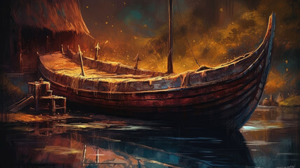 Fototapete - illustration viking ship. generative ai.