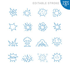 Vector line set of icons related with explosion. Contains monochrome icons like explosion, firework, spark, blast and more. Simple outline sign. Editable stroke.