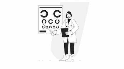 Wall Mural - vision eye test bw animation. animated female ophthalmologist 2d flat monochromatic thin line charac