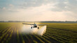 Agricultural airplane is flying over a wheat field and performing crop spraying to protect crops from pests and plant diseases. Banner with copy space.
