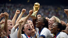 A Fictional Person. Women's Football Team Celebrating Victory With World Championship Trophy