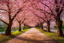 Sakura Cherry Blossoming Alley. Wonderful Scenic Park With Rows Of Blooming Cherry Sakura Trees In Spring. Pink Flowers Of Cherry Tree