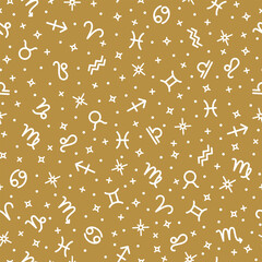 Wall Mural - Zodiac signs, horoscope symbols seamless pattern, repeating print. Gold metallic texture for wallpaper, fabric, wrapping paper, web page design template vector illustration