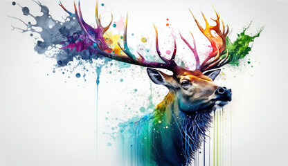 Wall Mural - illustration of watercolor deer, abstract watercolor background, generative ai.