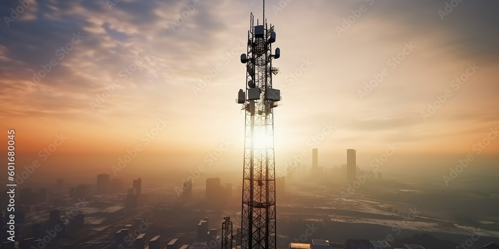 Background image shows a 5G global network technology communication antenna tower for wireless high speed internet. Future proof fastest internet technology is LTE aerial network connection.