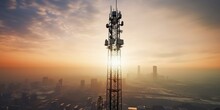 Background Image Shows A 5G Global Network Technology Communication Antenna Tower For Wireless High Speed Internet. Future Proof Fastest Internet Technology Is LTE Aerial Network Connection. 