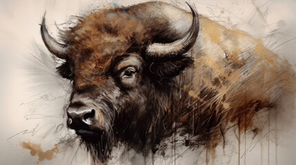 Wall Mural - illustration of watercolor bison, abstract watercolor background, generative ai.