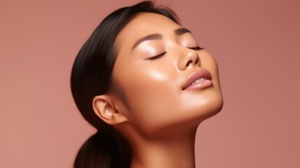 Beautiful Spa Model with Perfect Skin on Pink Background: Beauty and Skincare Concept. Generative AI.