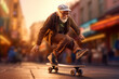 © PETR BABKIN - old man riding a skateboard down a street. Generative Ai