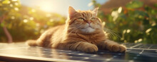 Red Cat Rests On Solar Panels On A Fine Day. Generative Ai. 