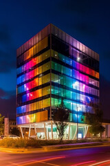 Poster - futuristic-looking office building with a distinctively curved facade.  Generative AI technology.