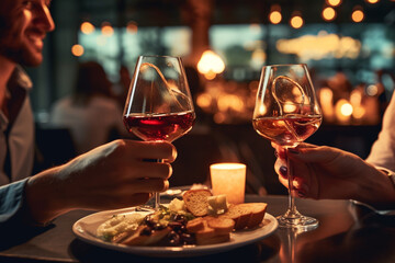 two people toasting wine glasses at a restaurant. Generative Ai