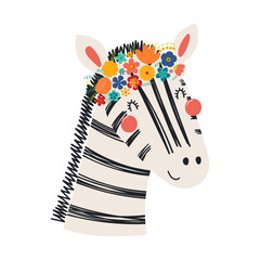 Wall Mural - Cute funny zebra face in flower crown, floral wreath cartoon character illustration. Hand drawn Scandinavian style flat design, isolated vector. Kids print element, summer blooms, blossoms