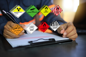 Wall Mural - security officers hold clipboards and inspect the storage of dangerous goods in the warehouse for op