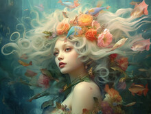 Wallpaper With With Mermaid Under Water With Flowers And Fishes. AI 