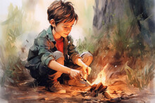 Watercolor Portrait Of A Cute Boy Scout Lighting A Bonfire In The Woods - Ai Generative