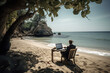 Man working on laptop computer on tropical beach. Travel and vacation concept. Generative AI