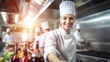 Smiling woman chef cook in restaurant kitchen cook new dishes for restaurant customers, happy female chef loves his job with team of cooks on background, professional chef in kitchen, generative AI