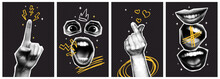 Trendy Punk Halftone Collage Posters Set With Retro Halftone Elements And Naive Doodle Elements. Hand Gestures, Lips, Mouth, Eyes. Contemporary Vector Illustration.