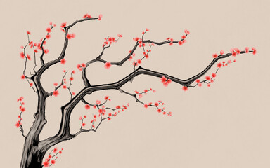  Plum blossom with Chinese ink painting style, 3d rendering.