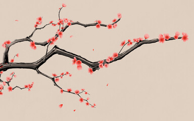  Plum blossom with Chinese ink painting style, 3d rendering.