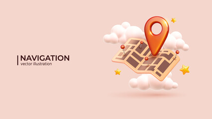 Red navigation pin on paper map - Travel concept. 3D Realistic creative conceptual symbol of search concept in cute cartoon style. Vector illustration